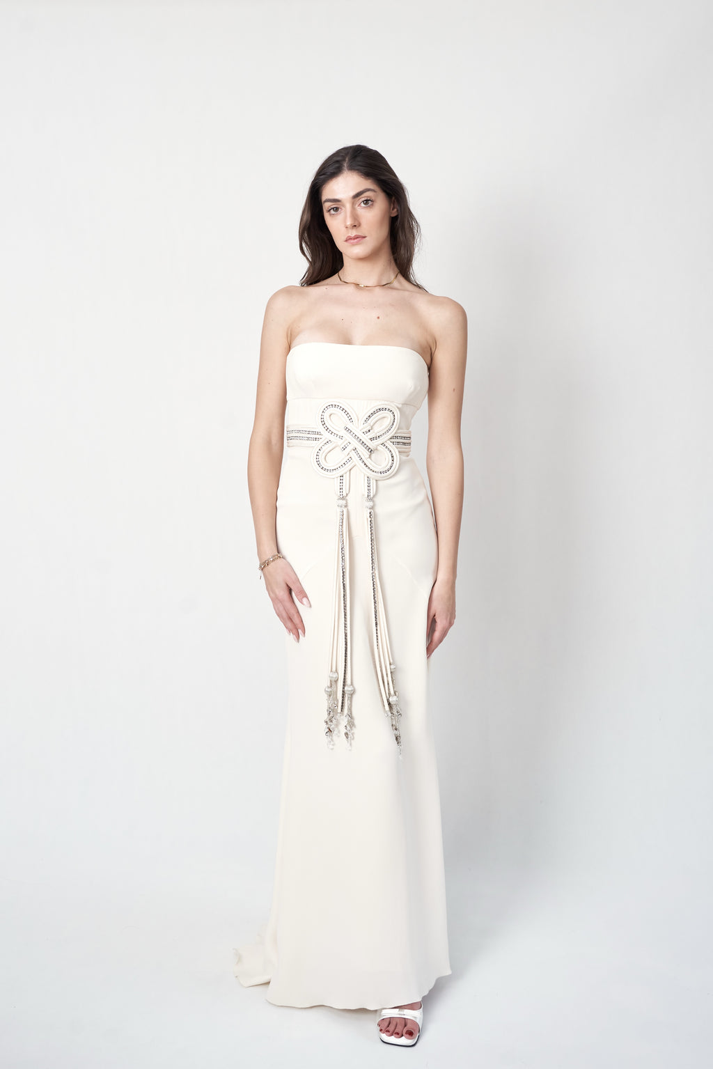 Valentino SS2006 ivory Budellini knot crystal tassel gown — front view on mannequin Keira Knightley