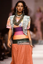 Valentino S/S 1989 runway floral silk dress, view of the floral silk bodice and layered purple, pink, coral and green pleated waist; Josie Borain campaign shot by Steven Meisel and Marpessa Hennink runway reference